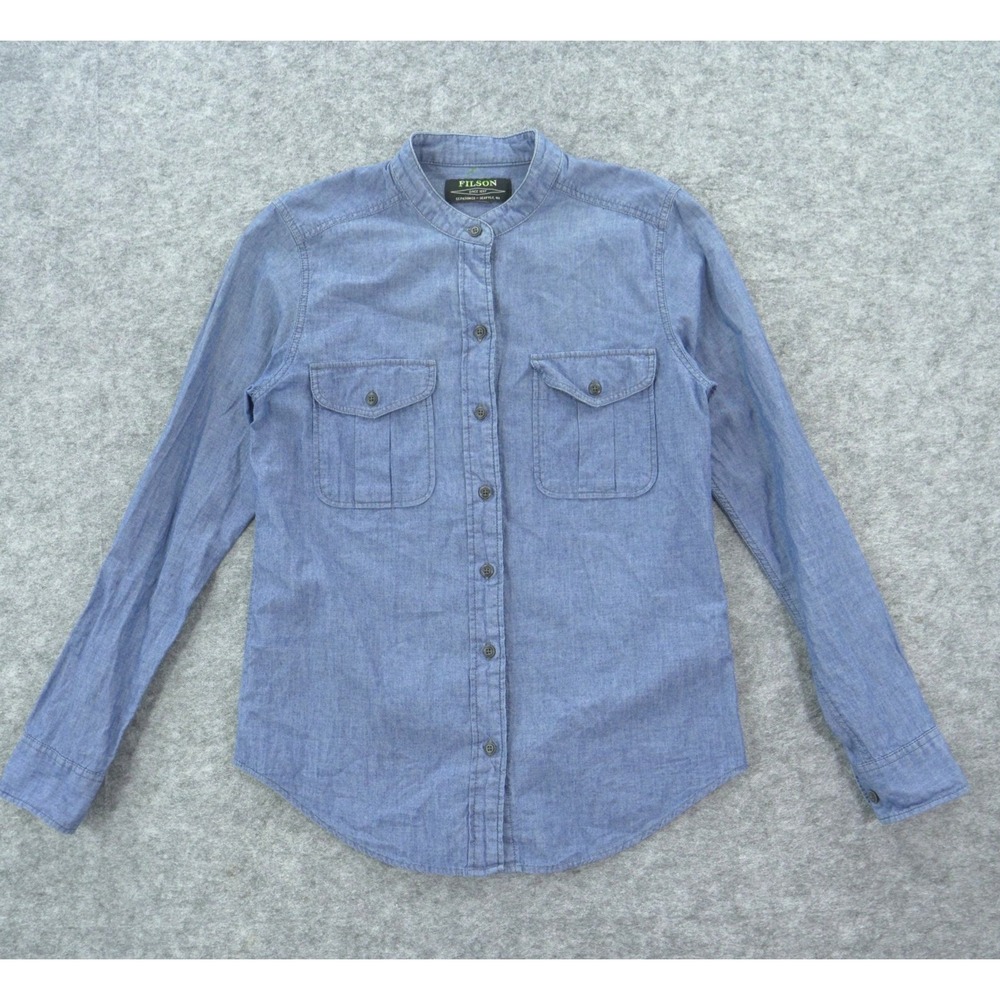 CC Filson Top Shirt Womens Small Blue Chambray Button Up Long Sleeve Band Neck